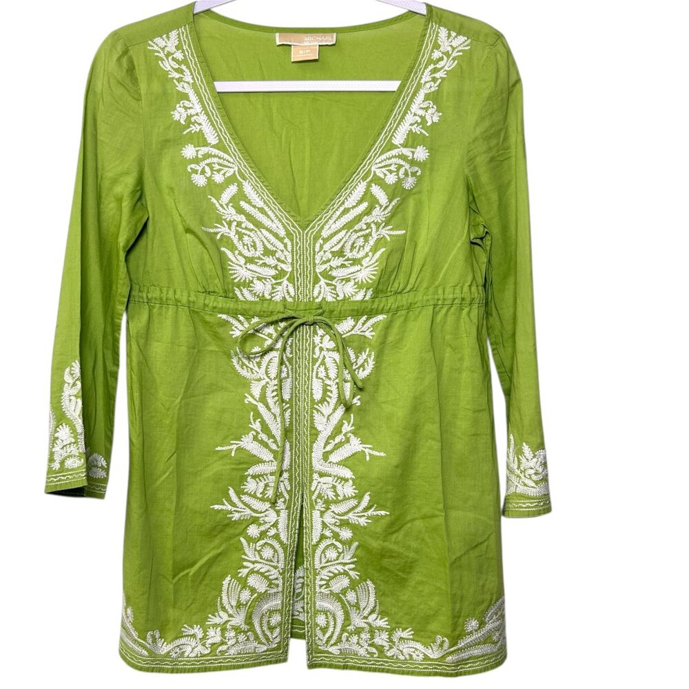 Michael Kors green embroidered 3/4 sleeve Y2K Boho tunic top Size Small